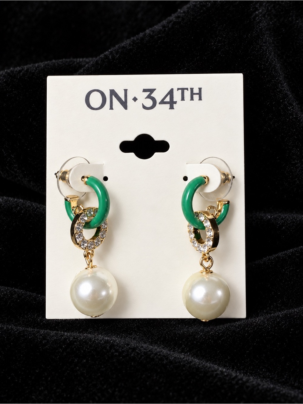 On 34th Faux Pearl Enamel and Rhinestone Dangle Earrings